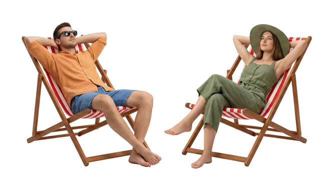 relaxing summer day outdoor scene with young man and woman lounging on colorful deck chairs