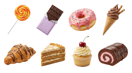 Assorted sweet treats including lollipop chocolate cupcake and cake slice on isolated transparent