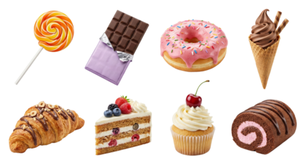 Assorted sweet treats and desserts with vibrant colors isolated on transparent background