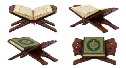 Ornate wooden lectern with open and closed antique books on a sleek black background isolated