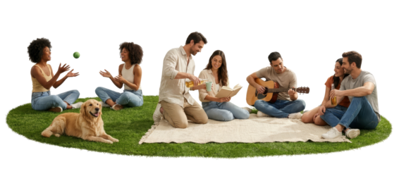 group of young adults and dog enjoying outdoor picnic and leisure activities isolated on