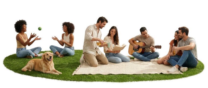 group of young adults and dog enjoying outdoor picnic and leisure activities isolated on