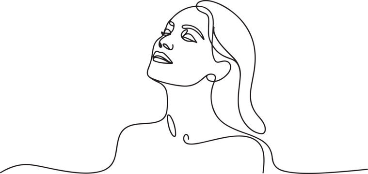 continuous line drawing of woman facing upwards, with calm mind, smiling and happy. single line vector illustration. one line Icon drawing