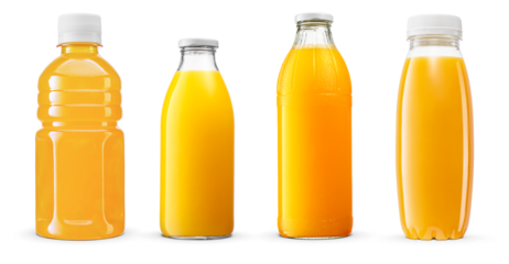 selection of fresh orange juice bottles, showcasing various glass and plastic containers, isolated against a sleek transparent background.