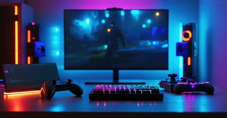Gaming setup features monitor, keyboard, controllers. Vibrant lighting creates immersive atmosphere. Modern design, sleek aesthetics dominate space.