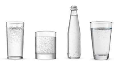 refreshing photograph of various glasses and a bottle filled with effervescent carbonated sparkling water, showing active bubbles and condensation.