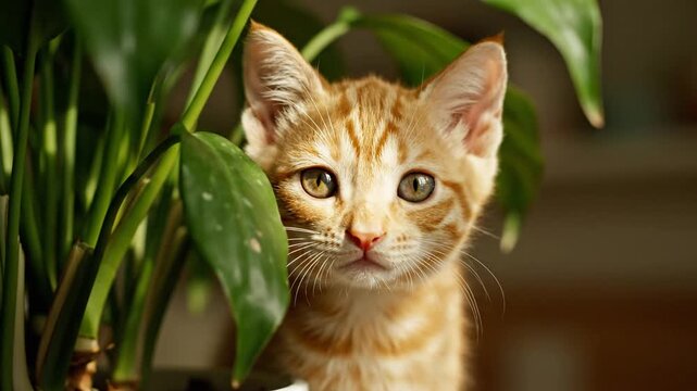 Close-up portrait of an orange tabby kitten peeking from behind green plant leaves with a blurred background.