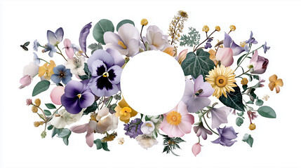 Colorful blossoms encircle central blank circle perfect for text placement.