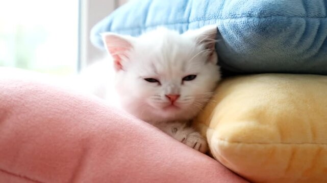 Close-up shot of a serene white kitten resting on colorful pillows in a bright room with soft, pastel tones.