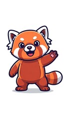 Cheerful cartoon red panda waving hello with friendly expression.