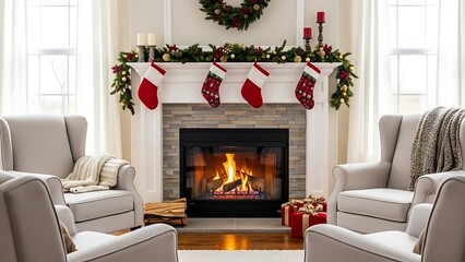 Warm and inviting Christmas living room scene with a roaring fireplace, festive mantel garland, red stockings, and comfortable armchairs for a cozy holiday.