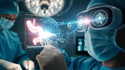 Surgeon using augmented reality goggles during abdominal surgery. Holographic display of glowing intestines overlay on patient. Innovative medical technology for precise virtual procedures in - Powered by Adobe