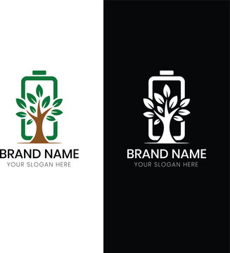 a modern logo design featuring a tree growing within a battery shape presented in both green and white variations silhouette high quality professional Renewable Energy & Green Technology