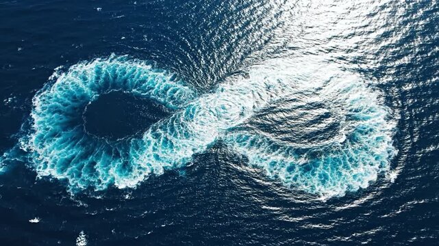 Aerial view of twin whirlpools and boat wake forming infinity loop on deep blue ocean with foamy turquoise trail, sunlight reflective wave motion and dynamic abstract turquoise foam contrast