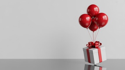 Red balloons rising from a gift box on a reflective surface against a white background