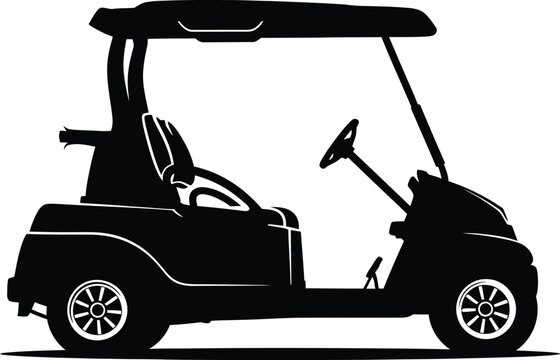 A simple black silhouette of a golf cart side view showing its design