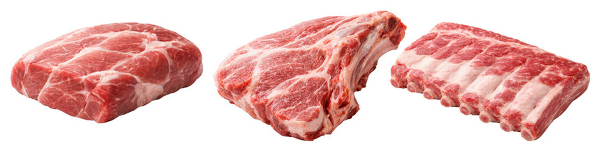Raw Pork Cuts Set Including Pork Shoulder, Pork Chop, and Pork Ribs
