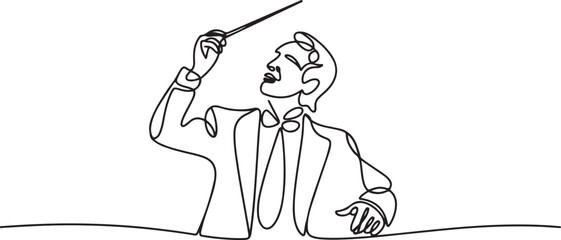 continuous line drawing of orchestra conductor. single line drawing of orchestra leader's hand holding baton. one line Icon drawing © Mofazzelh
