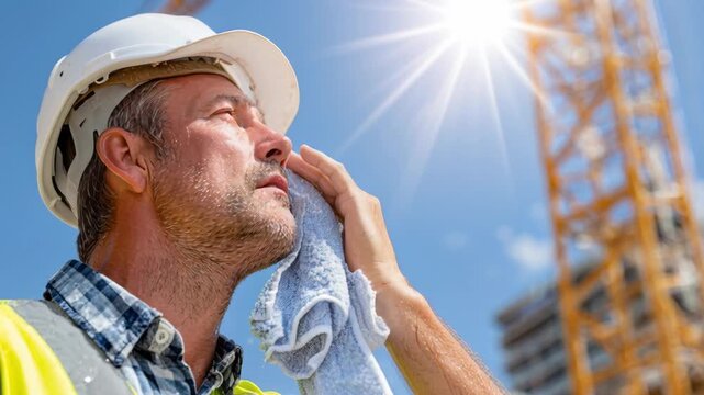 A construction worker wipes sweat from his face under the hot sun on a building site with cranes.