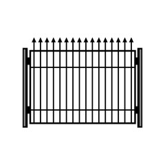 Black metal security fence silhouette with pointed finials on white background, symbolizing protection, boundary and restricted access for property, privacy and safety visuals