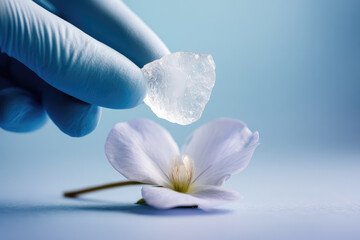 Laboratory scientist holding lightweight clear aerogel chunk looking like frozen smoke over white blossom flower with careful curious expression showing scientific breakthrough material