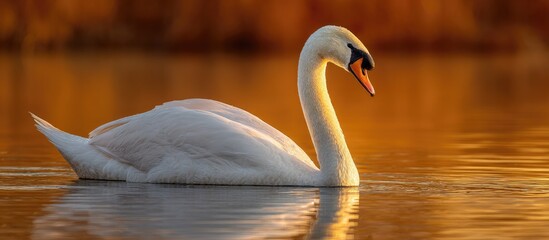 Elegant White Swan Swimming on Golden Lake at Sunset Serene Waterfowl in Nature
