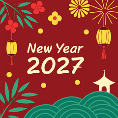 Fototapeta premium New year 2027 celebration with red background, lanterns, flowers, green leaves, fireworks, and pagoda for asian