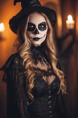 people in scary costumes, pumpkin, skeletons, night,holiday, halloween, free space for text