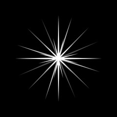 Graphic starburst light effect creating an abstract radial flare composed of sharp lines and varying shades of white and gray on a deep black background