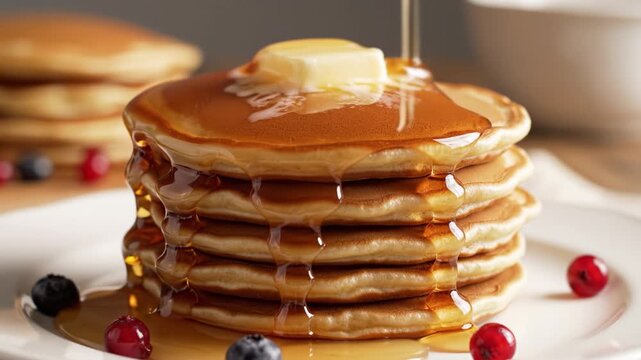 Fluffy pancake stack with melting butter and maple syrup drizzling over golden layers, fresh blueberry and cranberry berries plate for cozy breakfast morning, fluffy pancake stack with melting butter