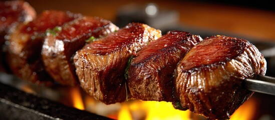 Delicious Grilled Red Meat Skewer Over Open Flames Cooking Food