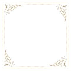 Decorative botanical frame with gold leaves. Minimal elegant square border with delicate foliage design