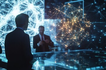 Business professionals analyzing digital data in a modern tech environment at night