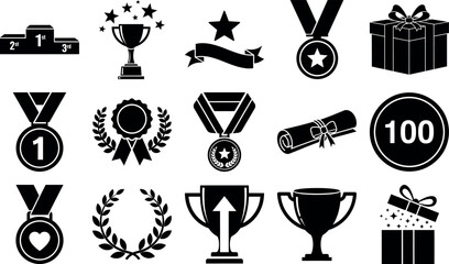 Collection of black and white achievement icons and symbols