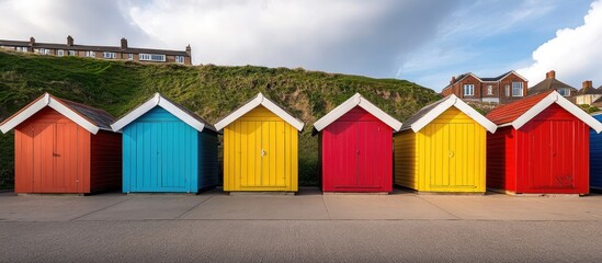 Colorful Beach Huts Row on Gray Path with Hillside Houses