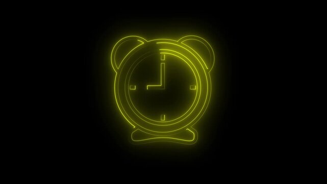Glowing neon yellow clock animation icon . Alarm clock, stopwatch dial wall clock circle timer animated on black background. 4k video