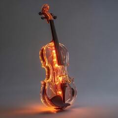 Glowing Transparent Violin with Orange Lights on Gray Background