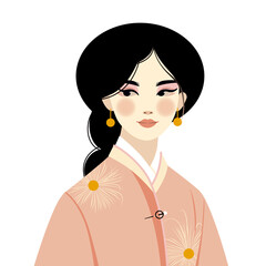 Japanese woman icon. Japanese feminine culture. Japanese girl portrait avatar. Kimono national traditional costume. Vector illustration isolated on white background.
