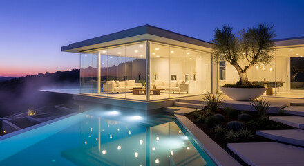 Fototapeta premium Modern luxury home with infinity pool and stunning panoramic views at dusk
