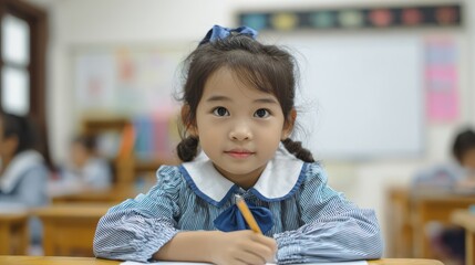 Focused Young Student Wearing Blue Uniform Writing at Wooden Desk in Classroom
