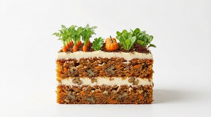 Square slice of layered carrot cake with walnuts and cream cheese frosting