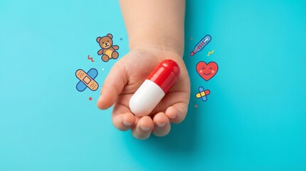 Top view of child hand holding capsule pill surrounded by medical graphic icons