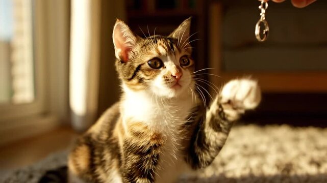 A curious tabby cat swatting at a toy with a paw in a cozy room with natural light.