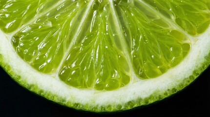 Fresh green lime slice with juicy pulp isolated on black background