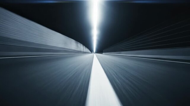 Fast moving highway tunnel with motion blur and bright lights