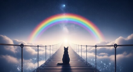 Ethereal scene of a cat on a bridge beneath a rainbow and starry sky
