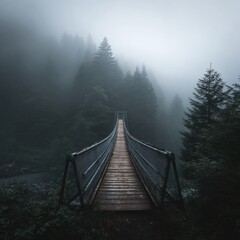 Suspension Bridge Through Misty Green Forest Landscape