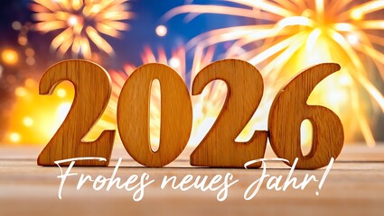 Wooden numbers 2026 with German text 'Frohes neues Jahr' and fireworks.