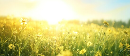 Sunny Wildflower Meadow with Golden Sunlight and Green Grass