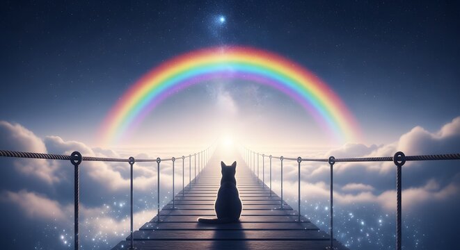 Ethereal scene of a cat on a bridge beneath a rainbow and starry sky